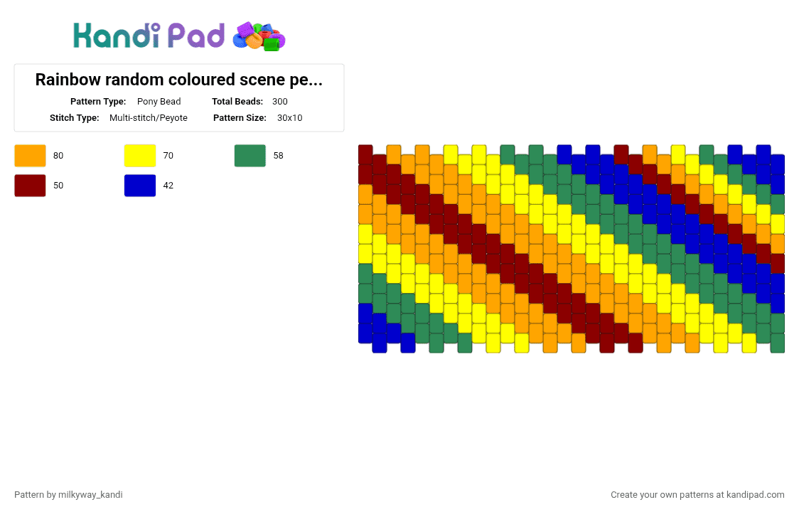 Rainbow random coloured scene peyote cuff - Pony Bead Pattern by milkyway_kandi on Kandi Pad - green, orange, yellow