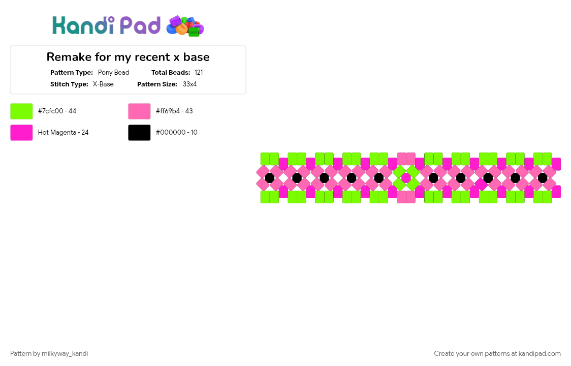 Remake for my recent x base - Pony Bead Pattern by milkyway_kandi on Kandi Pad - green, pink