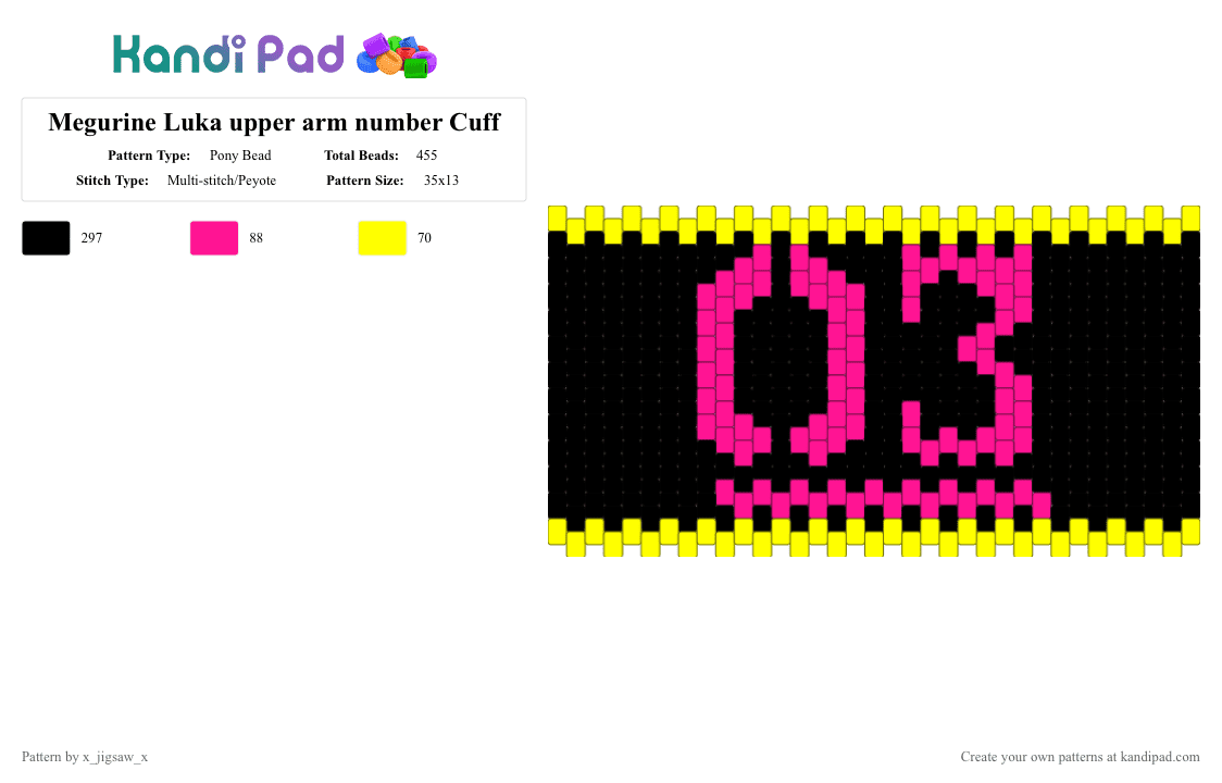 Megurine Luka upper arm number Cuff - Pony Bead Pattern by x_jigsaw_x on Kandi Pad - black, hatsune miku, luka, megurine luka, miku, pink, vocaloid, yellow