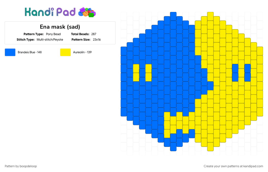 Ena mask (sad) - Pony Bead Pattern by boopdeloop on Kandi Pad - blue, ena, mask, sad, weirdcore, yellow