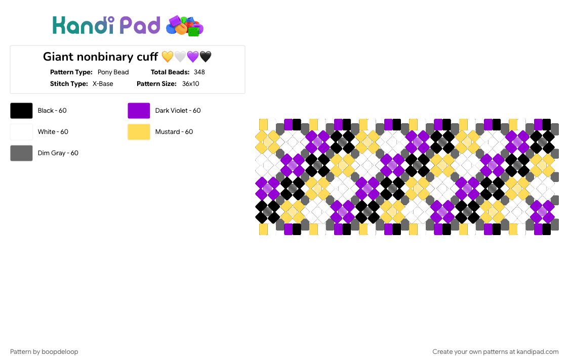 Giant nonbinary cuff 💛🤍💜🖤 - Pony Bead Pattern by boopdeloop on Kandi Pad - big, nonbinary, pride, purple, yellow