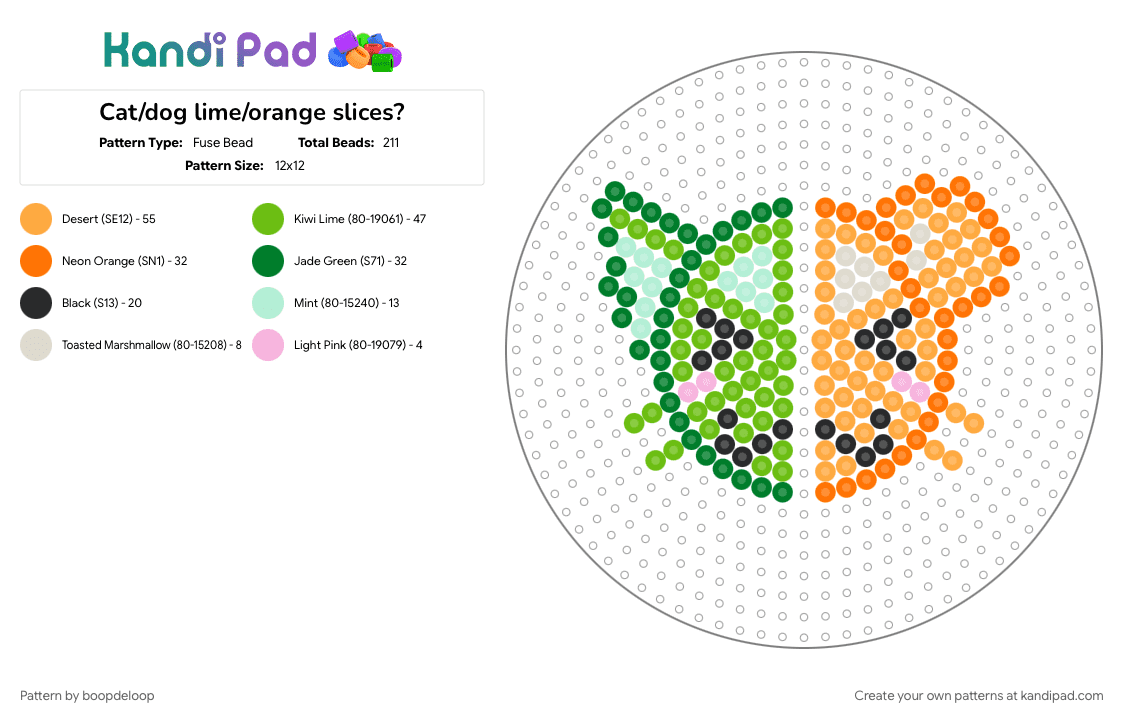 Cat/dog lime/orange slices? - Fuse Bead Pattern by boopdeloop on Kandi Pad - cat, cotdfruit, dog, fruit, green, idk, lime, matching, orange