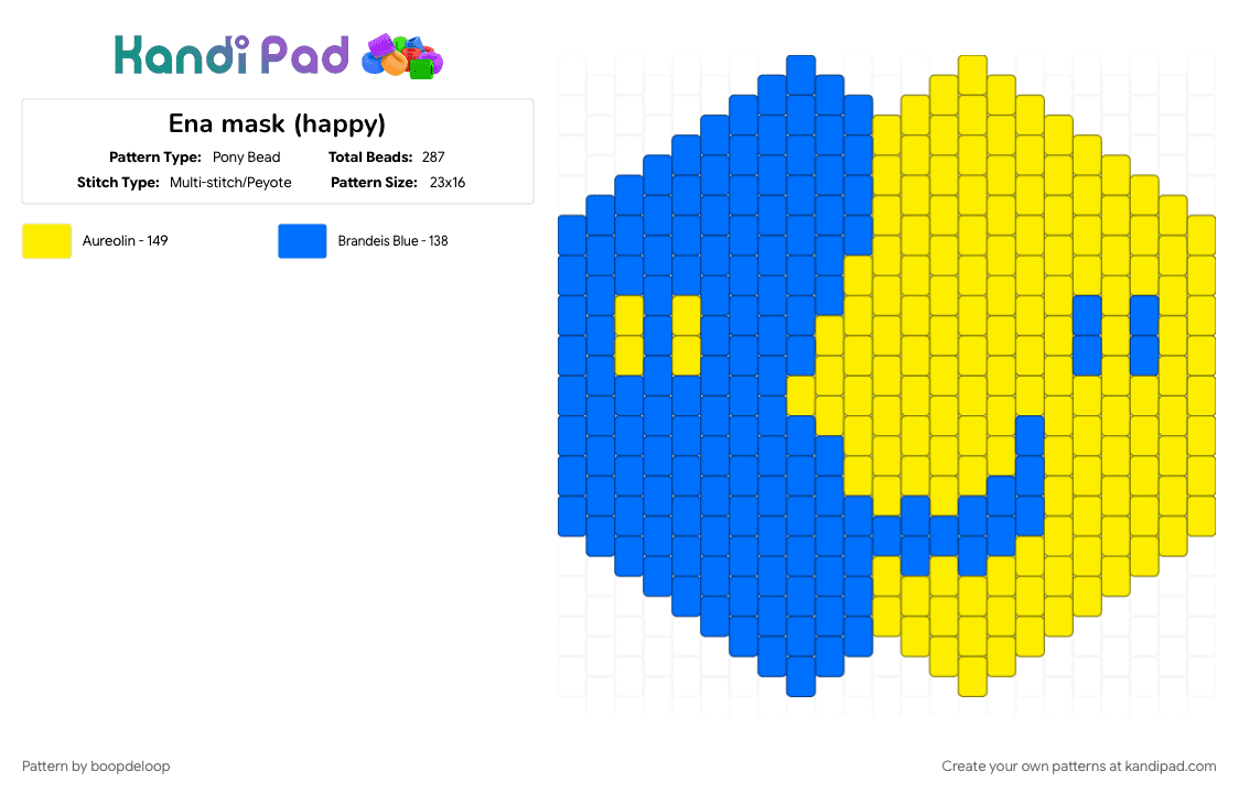 Ena mask (happy) - Pony Bead Pattern by boopdeloop on Kandi Pad - blue, ena, happy, mask, weirdcore, yellow