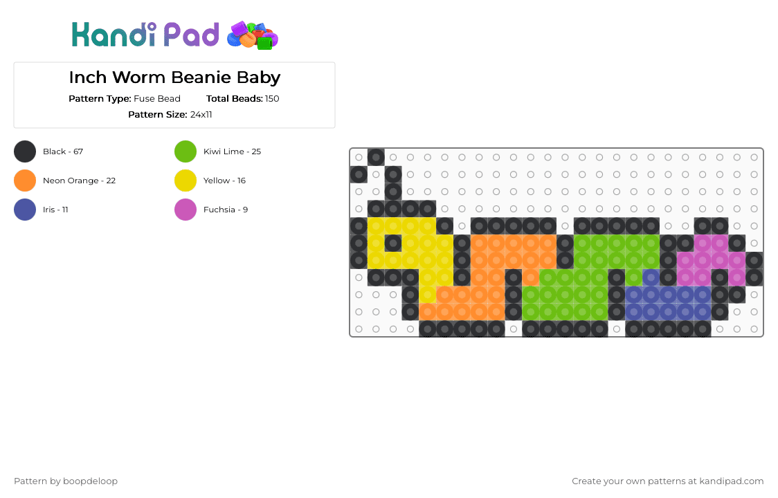 Inch Worm Beanie Baby - Fuse Bead Pattern by boopdeloop on Kandi Pad - beanie baby, cute, green, inch, inch worm, kidcore, nostalgia, orange, worm, y2k, yellow