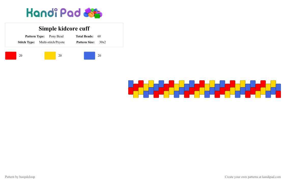 Simple kidcore cuff - Pony Bead Pattern by boopdeloop on Kandi Pad - blue, easy, kidcore, red, simple, yellow