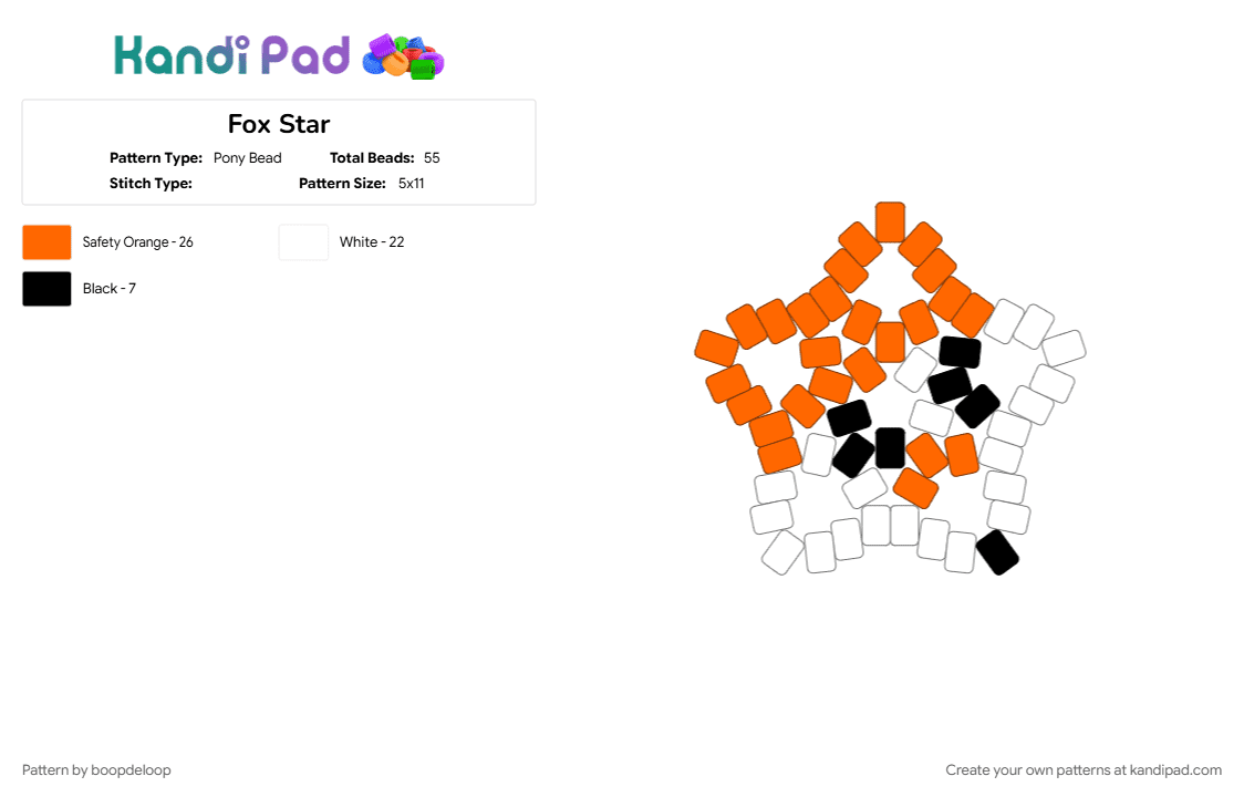 Fox Star - Pony Bead Pattern by boopdeloop on Kandi Pad - animal, cute, easy, fox, orange, star, white
