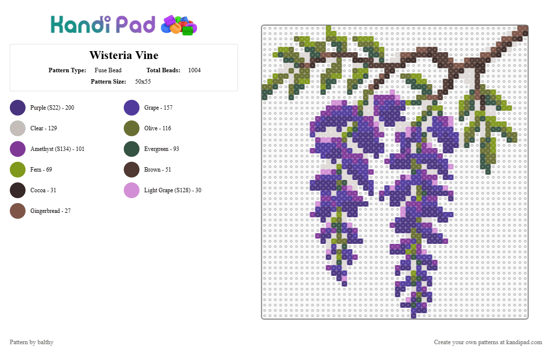 Wisteria Vine - Fuse Bead Pattern by balthy on Kandi Pad - beige, gold, pink, purple