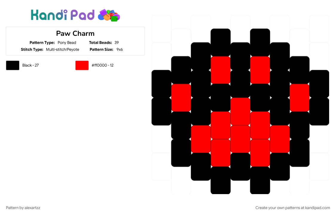 Paw Charm - Pony Bead Pattern by alexartzz on Kandi Pad - black, cat, cute, emo, paw, paw print, red