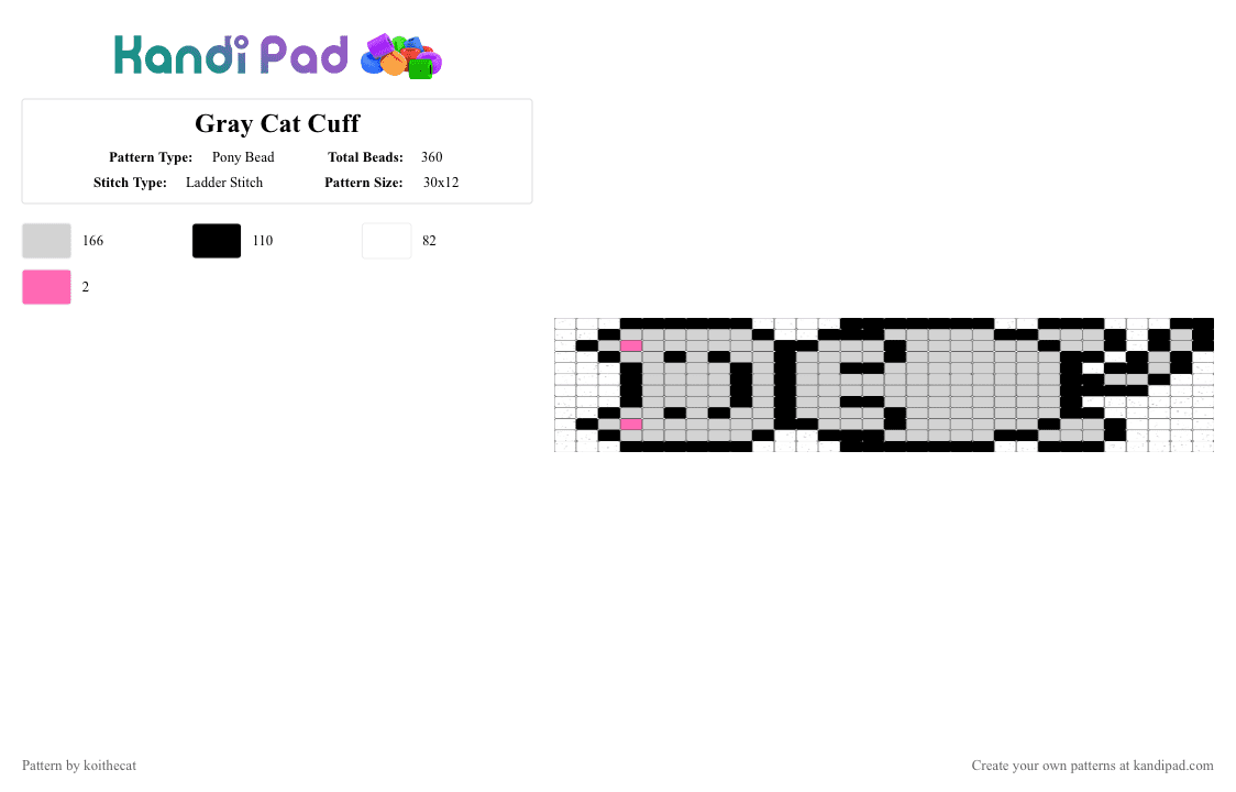 Gray Cat Cuff - Pony Bead Pattern by koithecat on Kandi Pad - cat, cuff, white