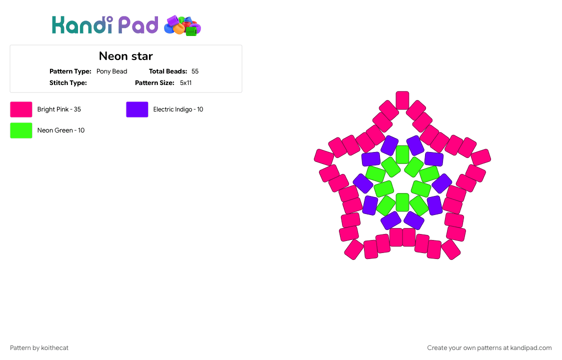 Neon star - Pony Bead Pattern by koithecat on Kandi Pad - neon, neon green, neon pink, neon purple, pink