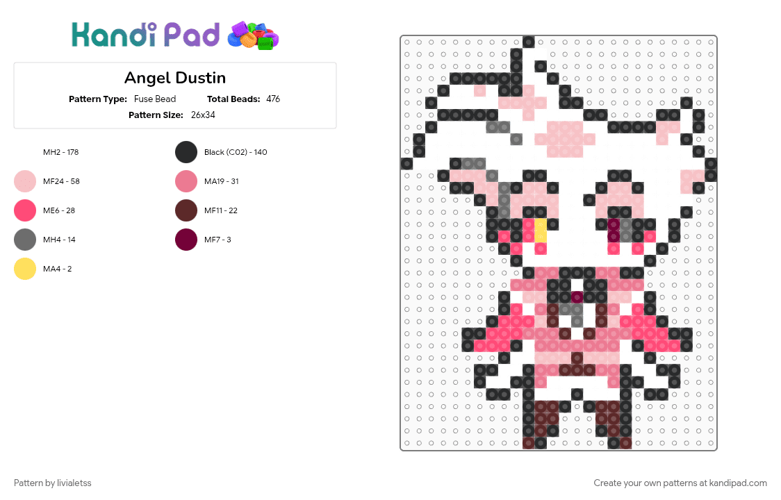 Angel Dustin - Fuse Bead Pattern by livialetss on Kandi Pad - beige, character, hazbin hotel, pink, red, white