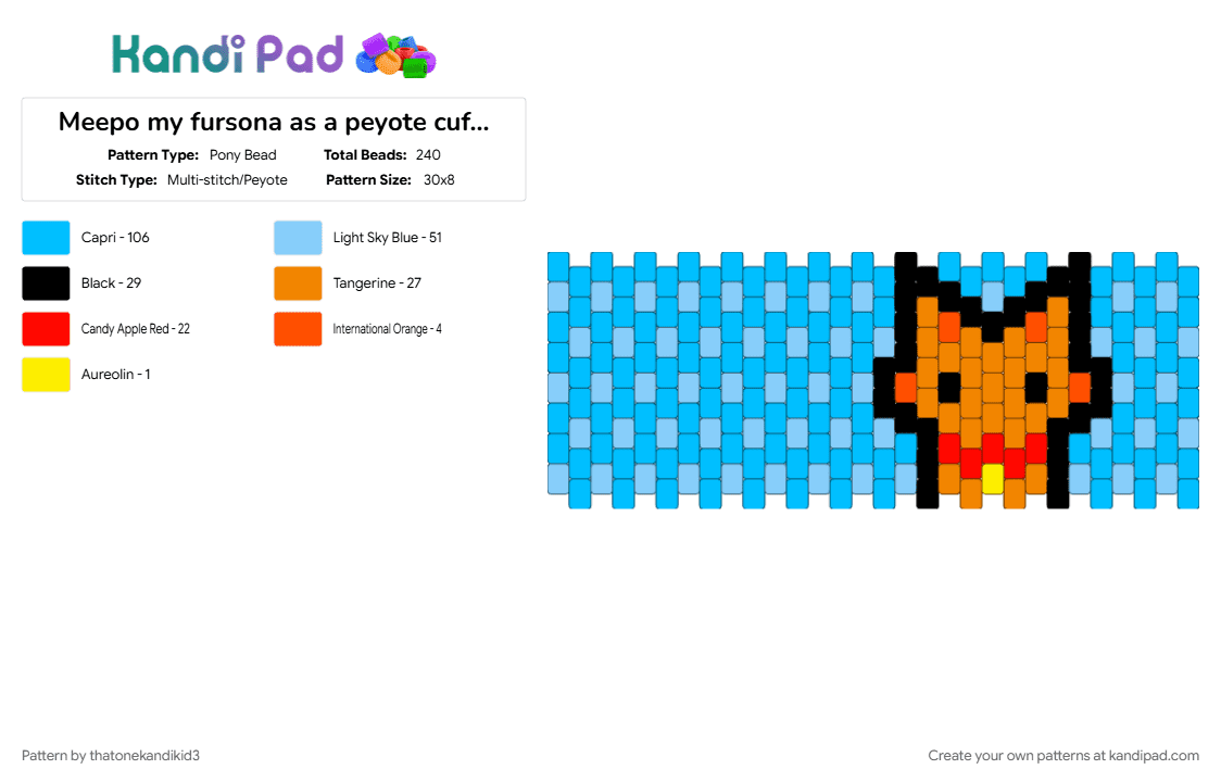 Meepo my fursona as a peyote cuff!! :3 - Pony Bead Pattern by thatonekandikid3 on Kandi Pad - light blue