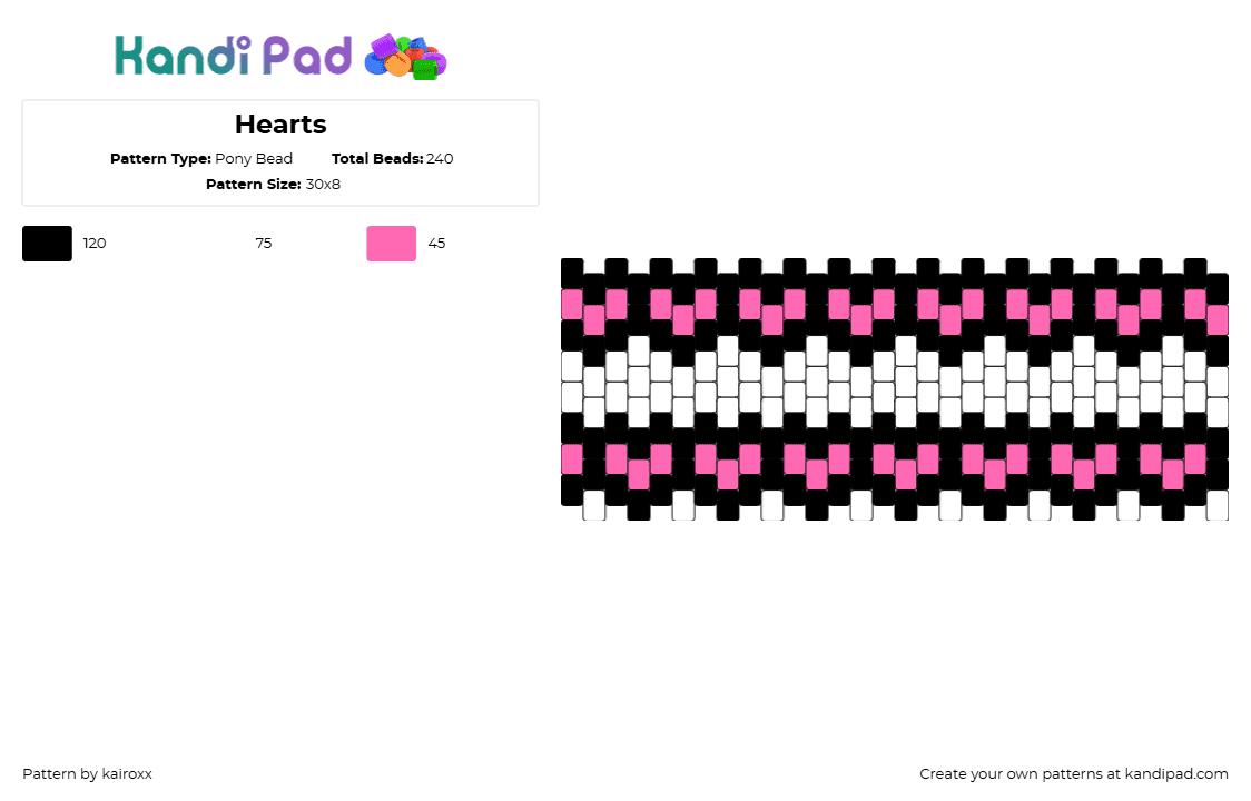 Hearts - Pony Bead Pattern by kairoxx on Kandi Pad - hearts,repeating,valentine,cuff,pink,white,black