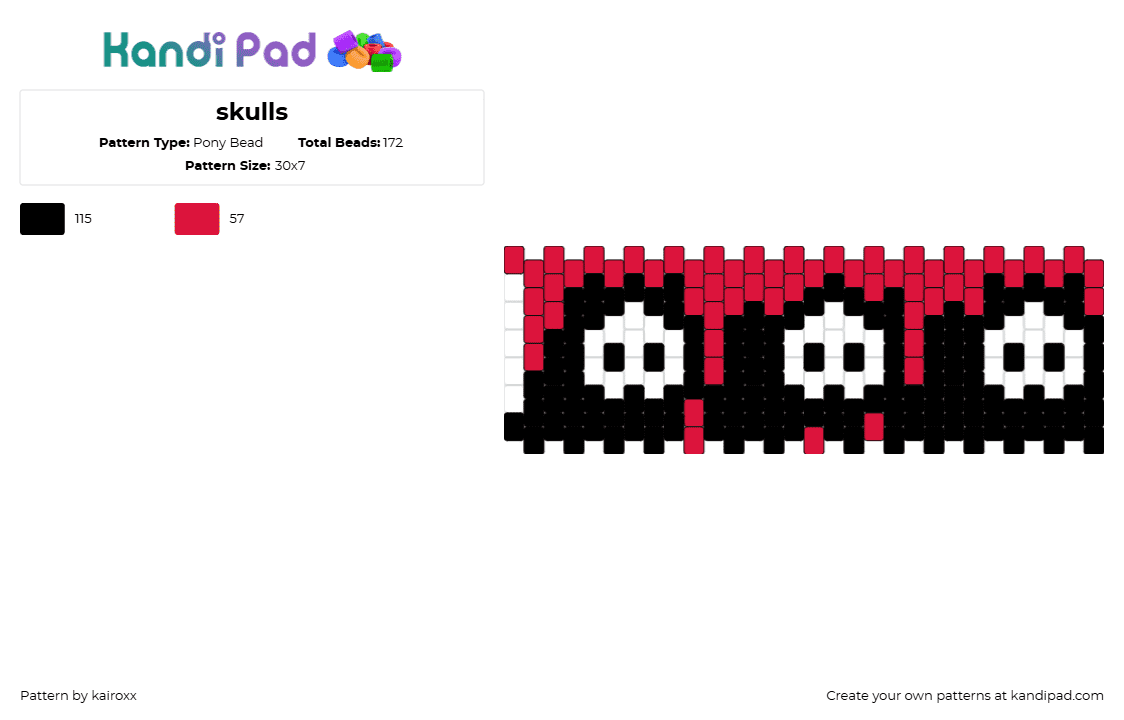 skulls - Pony Bead Pattern by kairoxx on Kandi Pad - skulls,repeating,spooky,halloween,cuff,red,black,white