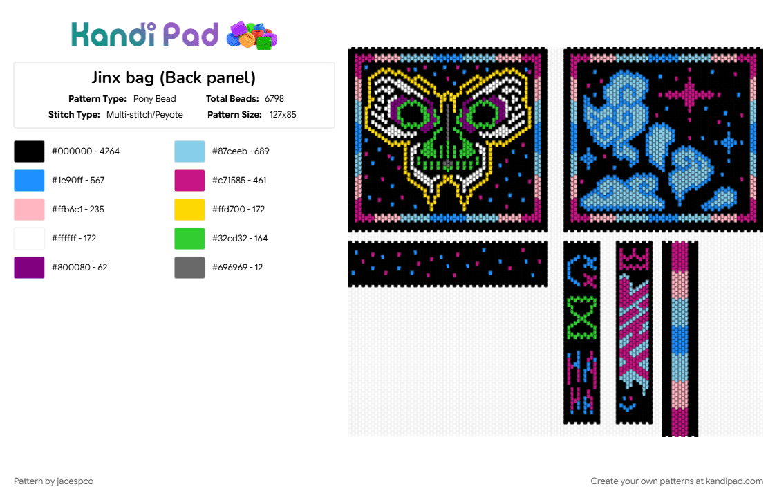 Jinx Tote Bag ×͜× - Pony Bead Pattern by jacespco on Kandi Pad - arcane, arcane jinx, bag, bag design, black, character, jinx, jinx arcane, light blue, pink, tote bag