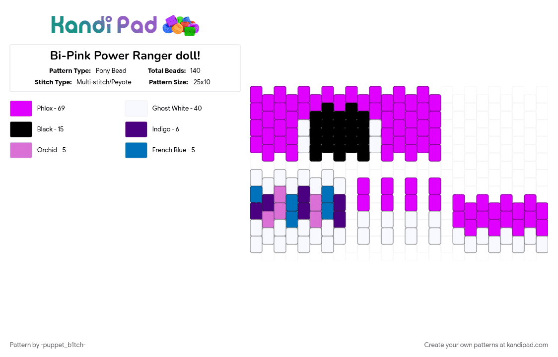 Bi-Pink Power Ranger doll! - Pony Bead Pattern by -puppet_b1tch- on Kandi Pad - bisexual, lgbtqia, pink, pink power ranger, power rangers, pride flag