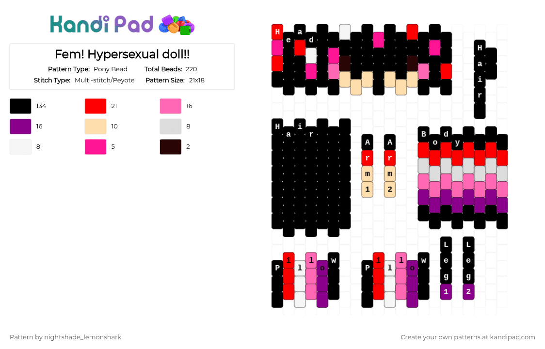 Fem! Hypersexual doll!! - Pony Bead Pattern by nightshade_lemonshark on Kandi Pad - black, doll, hypersexual, hypersexual flag, pink, red