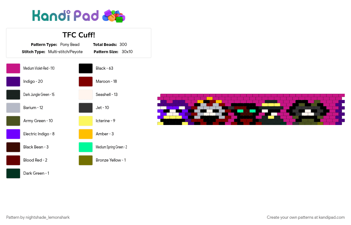 TFC Cuff! - Pony Bead Pattern by nightshade_lemonshark on Kandi Pad - doctor, harlequin, jester, pierrot, pink, purple, tfc, ticket taker