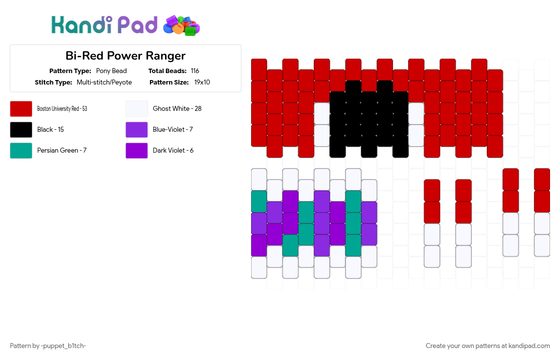 Bi-Red Power Ranger - Pony Bead Pattern by -puppet_b1tch- on Kandi Pad - bisexual, lgbtqia, power rangers, pride flag, red, red power ranger