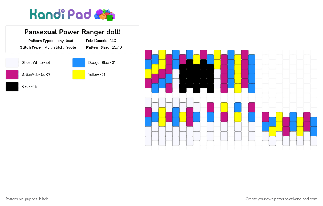 Pansexual Power Ranger doll! - Pony Bead Pattern by -puppet_b1tch- on Kandi Pad - lgbtqia, light blue, pansexual, pink, power rangers, pride flag