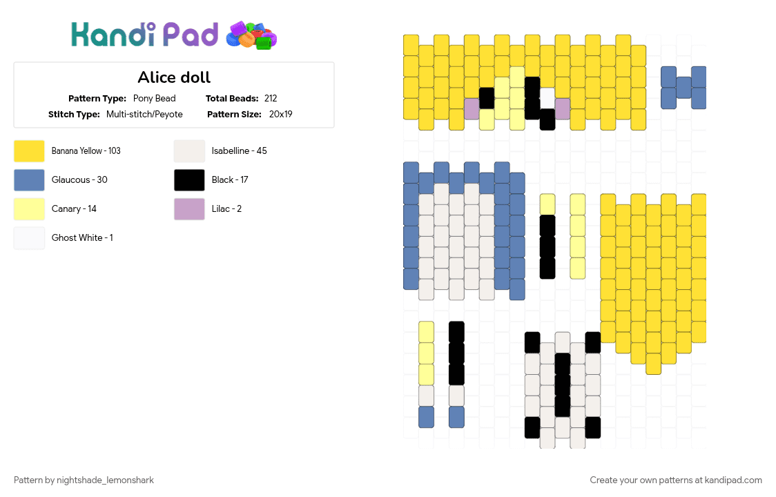 Alice doll - Pony Bead Pattern by nightshade_lemonshark on Kandi Pad - alice in wonderland, cotdsurrealism, yellow