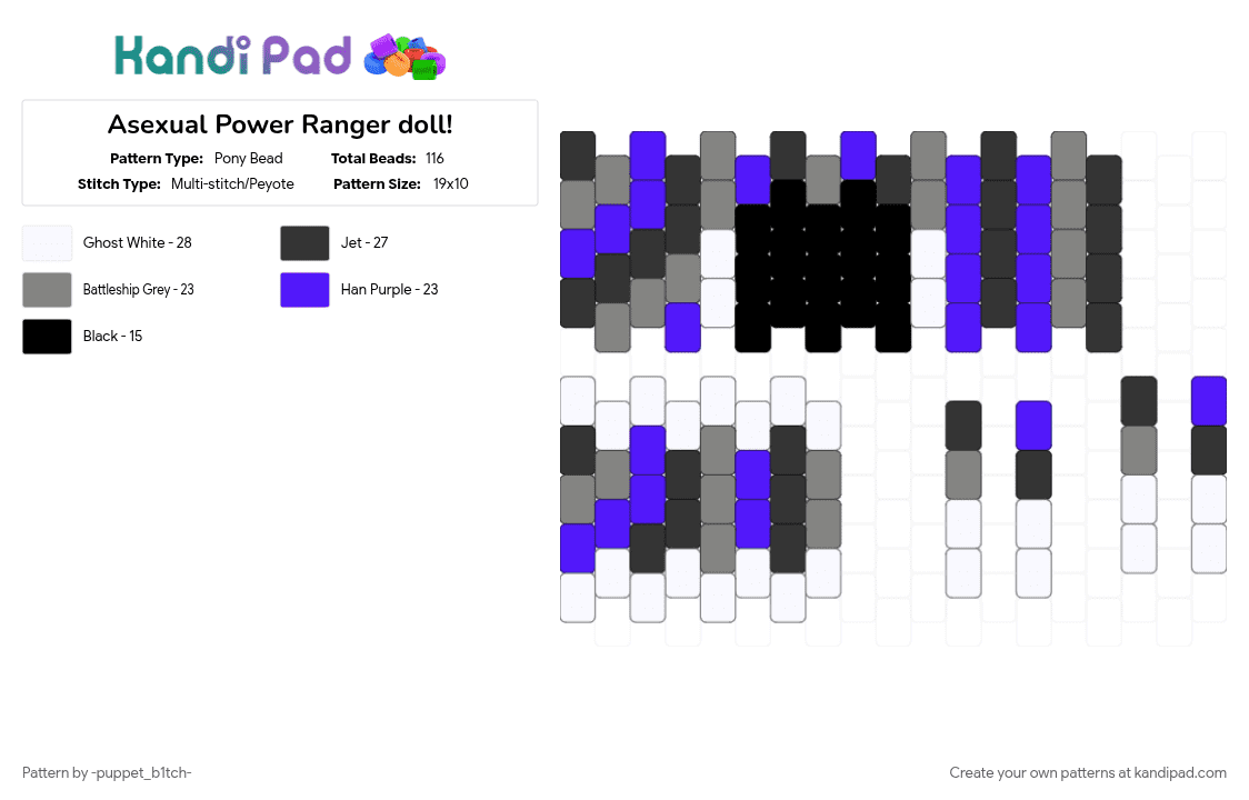 Asexual Power Ranger doll! - Pony Bead Pattern by -puppet_b1tch- on Kandi Pad - asexual, gray, lgbtqia, power rangers, pride flag, purple