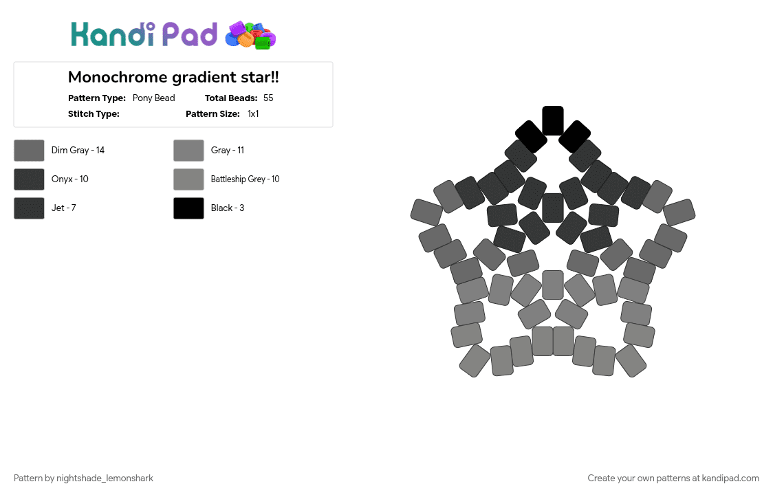 Monochrome gradient star!! - Pony Bead Pattern by nightshade_lemonshark on Kandi Pad - black, cotdgradient, gray, monochrome, star