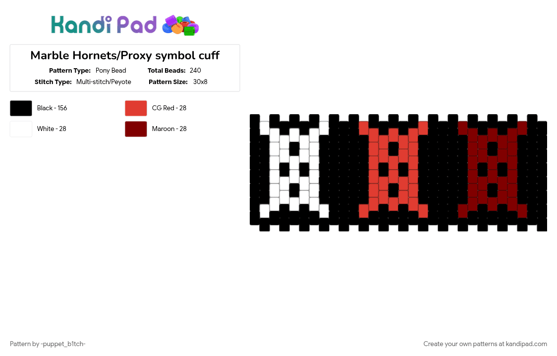 Marble Hornets/Proxy symbol cuff - Pony Bead Pattern by -puppet_b1tch- on Kandi Pad - black, brown, creepypasta, marble hornets, red