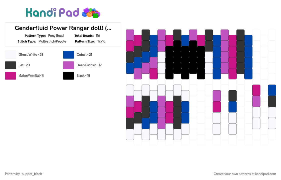 Genderfluid Power Ranger doll! (no skirt) - Pony Bead Pattern by -puppet_b1tch- on Kandi Pad - blue, genderfluid, lgbtqia, pink, power rangers, pride flag