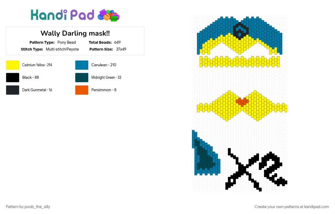 Wally Darling mask!! - Pony Bead Pattern by -puppet_b1tch- on Kandi Pad - blue, therian mask, wally darling, welcome home, yellow