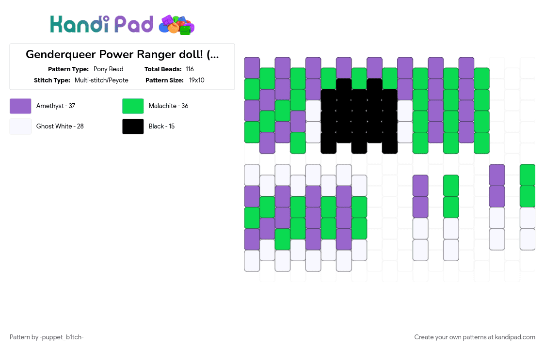 Genderqueer Power Ranger doll! (No Skirt) - Pony Bead Pattern by -puppet_b1tch- on Kandi Pad - genderqueer, lgbtqia, power rangers, pride flag, purple, teal