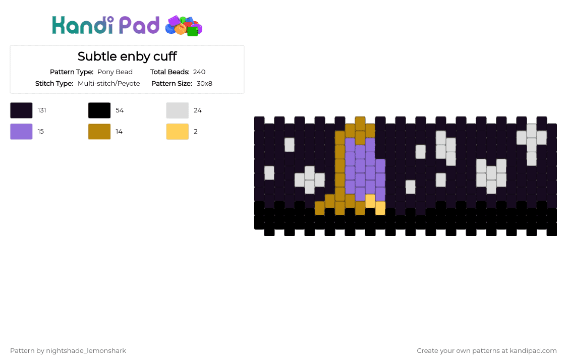 Subtle enby cuff - Pony Bead Pattern by nightshade_lemonshark on Kandi Pad - black, enby, gold, purple, subtle enby, subtle nonbinary