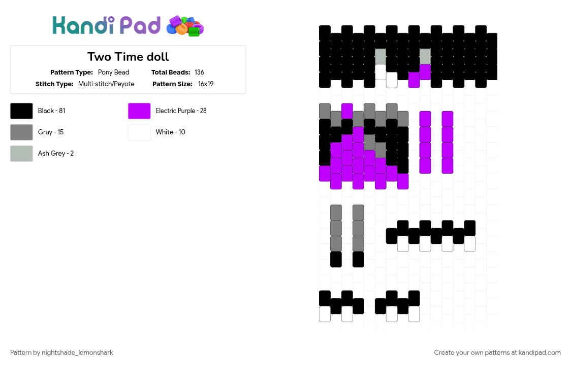 Two Time doll - Pony Bead Pattern by nightshade_lemonshark on Kandi Pad - black, forsaken, gray, purple, two time