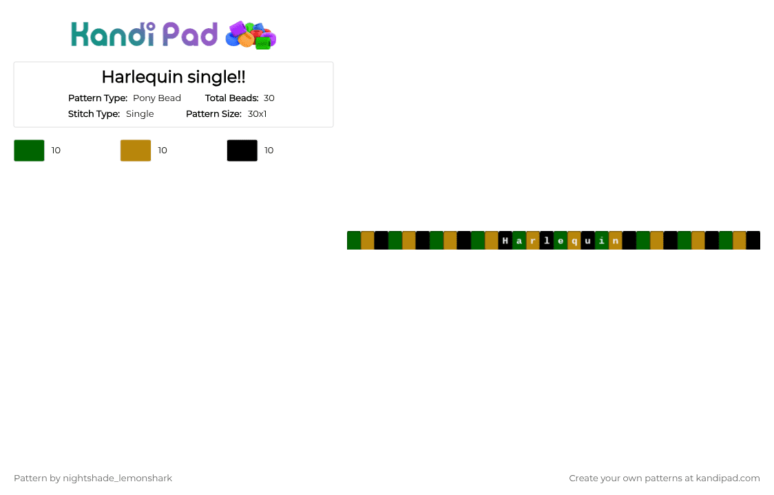 Harlequin single!! - Pony Bead Pattern by nightshade_lemonshark on Kandi Pad - gold, green, harlequin, single, the freak circus