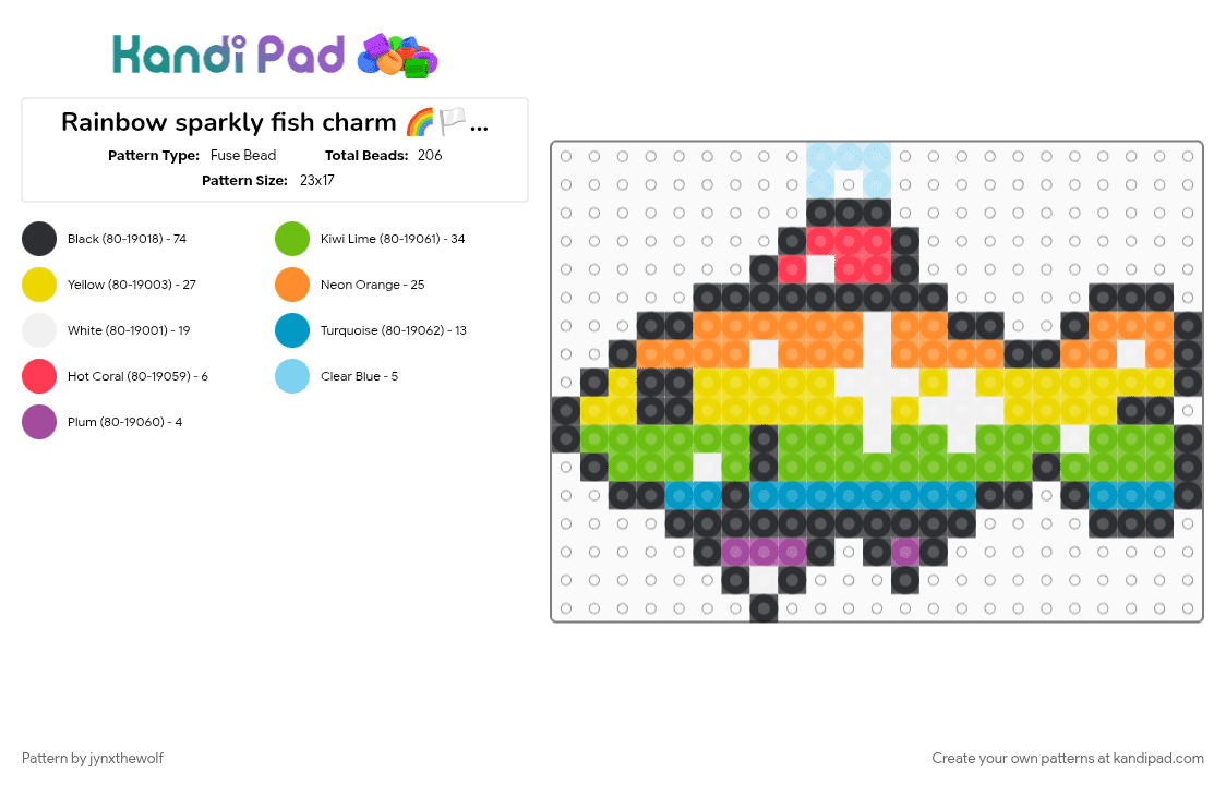Rainbow sparkly fish charm 🌈🏳️‍🌈🐟 - Fuse Bead Pattern by jynxthewolf on Kandi Pad - charm, fish, green, light blue, orange, pride, yellow