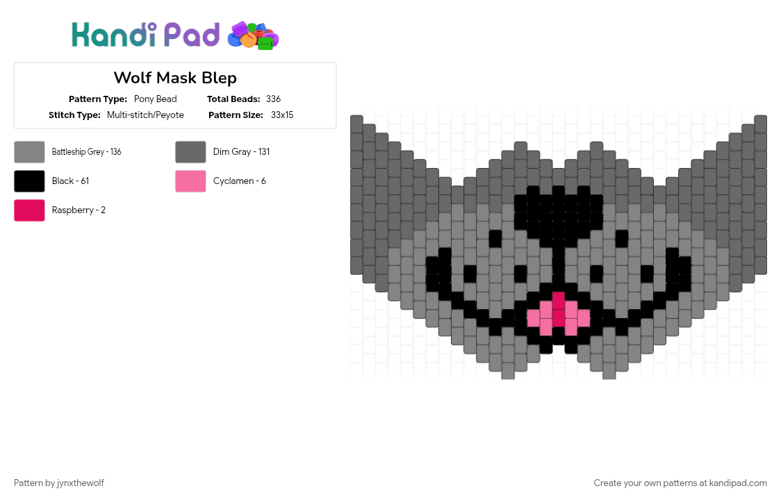 Wolf Mask Blep - Pony Bead Pattern by jynxthewolf on Kandi Pad - animal, blep, cotdwolves, facemask, gray, mammal, mask, wolf