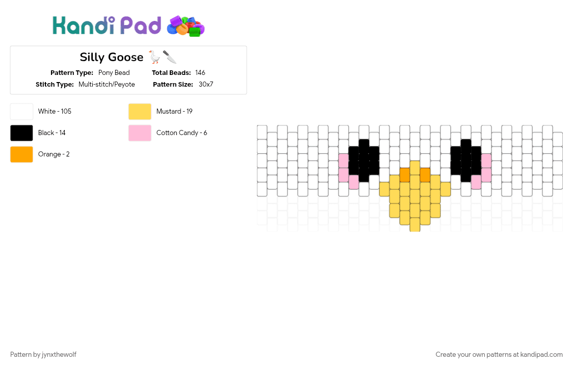 Silly Goose 🪿🔪 - Pony Bead Pattern by jynxthewolf on Kandi Pad - animal, cuffs, goose, peyote, silly, silly goose, trending, white, yellow
