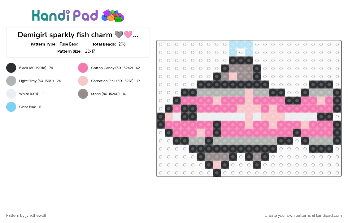 Demigirl sparkly fish charm 🩶🩷🤍🩷🩶🐟 - Fuse Bead Pattern by jynxthewolf on Kandi Pad - beige, charm, demigirl, fish, pink, pride