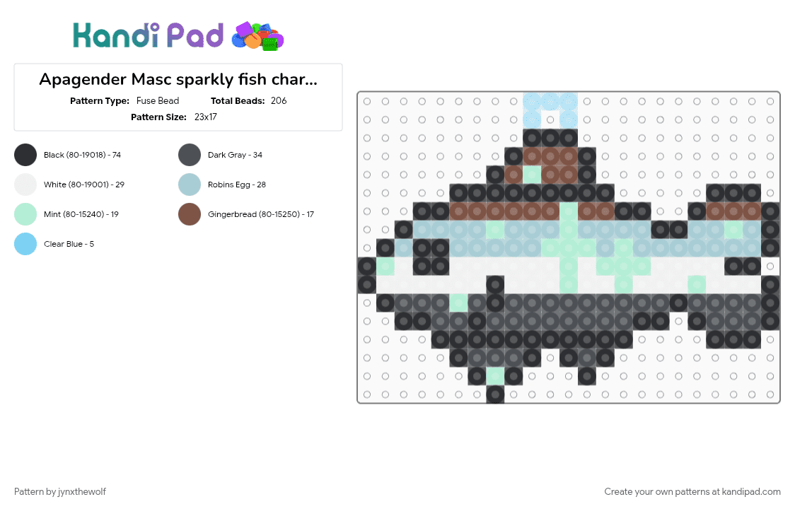 Apagender Masc sparkly fish charm 🤎🩵🤍🖤🐟 - Fuse Bead Pattern by jynxthewolf on Kandi Pad - apagender, apagender masc, charm, fish, gray, light blue, pride