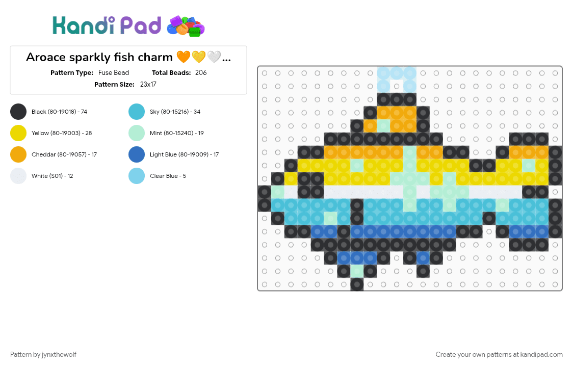 Aroace sparkly fish charm 🧡💛🤍🩵💙🐟 - Fuse Bead Pattern by jynxthewolf on Kandi Pad - aroace, charm, fish, light blue, pride