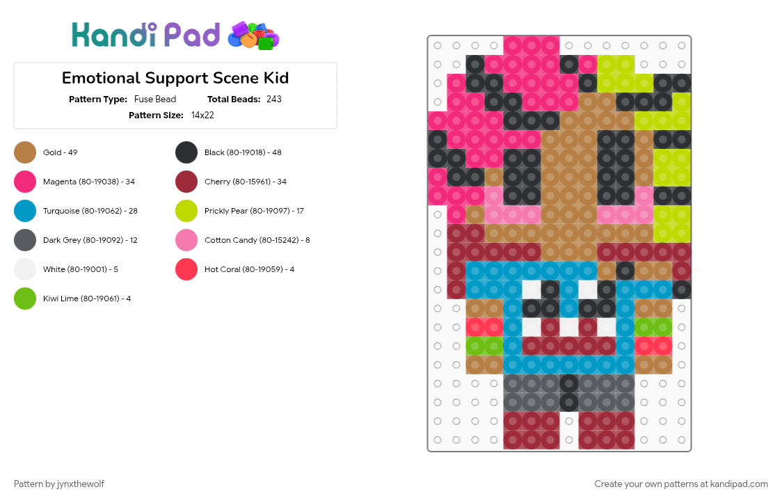Emotional Support Scene Kid - Fuse Bead Pattern by jynxthewolf on Kandi Pad - cotdscenekidfashion, emotional support, perler bead, perler charm, pink, red, scene, small, tan