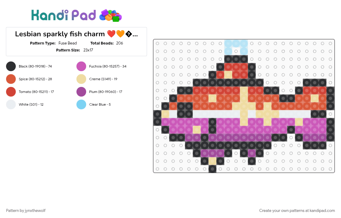 Lesbian sparkly fish charm ❤️🧡🤍💜💗🐟 - Fuse Bead Pattern by jynxthewolf on Kandi Pad - charm, fish, lesbian, pink, pride, red