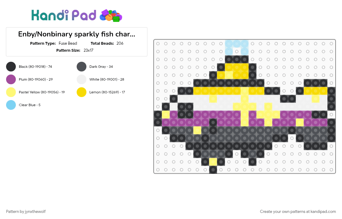 Enby/Nonbinary sparkly fish charm 💛🤍💜🖤🐟 - Fuse Bead Pattern by jynxthewolf on Kandi Pad - charm, enby, fish, gray, nonbinary, pink, pride, yellow