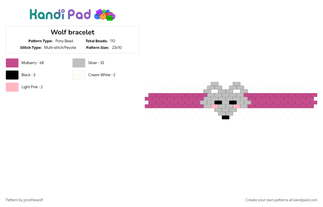 Wolf bracelet - Pony Bead Pattern by jynxthewolf on Kandi Pad - beige, bracelet, cuffs, pink, wolf