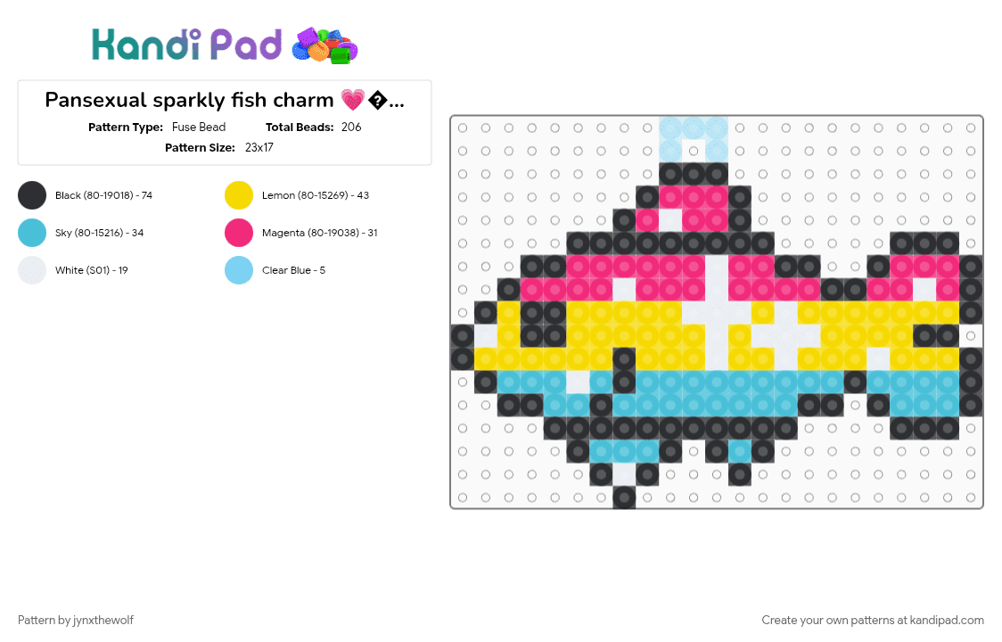 Pansexual sparkly fish charm 💗💛🩵🐟 - Fuse Bead Pattern by jynxthewolf on Kandi Pad - charm, fish, light blue, pansexual, pride, yellow