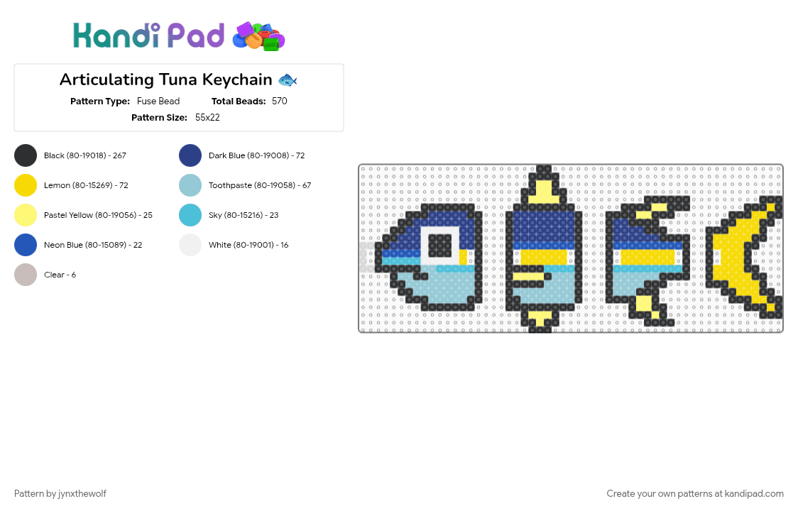 Articulating Tuna Keychain 🐟 - Fuse Bead Pattern by jynxthewolf on Kandi Pad - articulating, black, blue, cotdsuperfoods, fish, fuse bead, keychain, light blue, perler, seafood, tuna, yellow