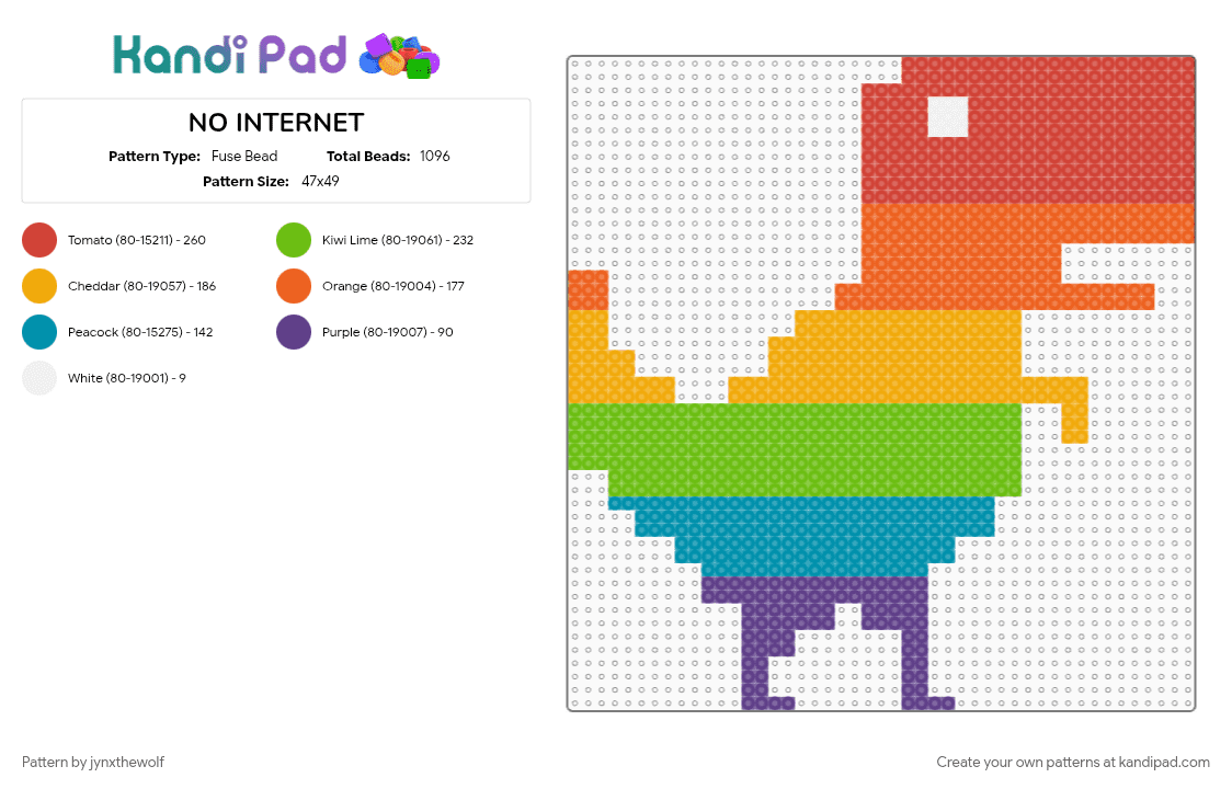 NO INTERNET - Fuse Bead Pattern by jynxthewolf on Kandi Pad - cotddinosaurs, gay, green, no internet, no internet dino, orange, pride, rainbow, red