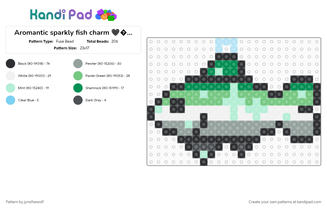 Aromantic sparkly fish charm 🖤🩶🤍💜🐟 - Fuse Bead Pattern by jynxthewolf on Kandi Pad - aromantic, charm, fish, gray, pride, teal