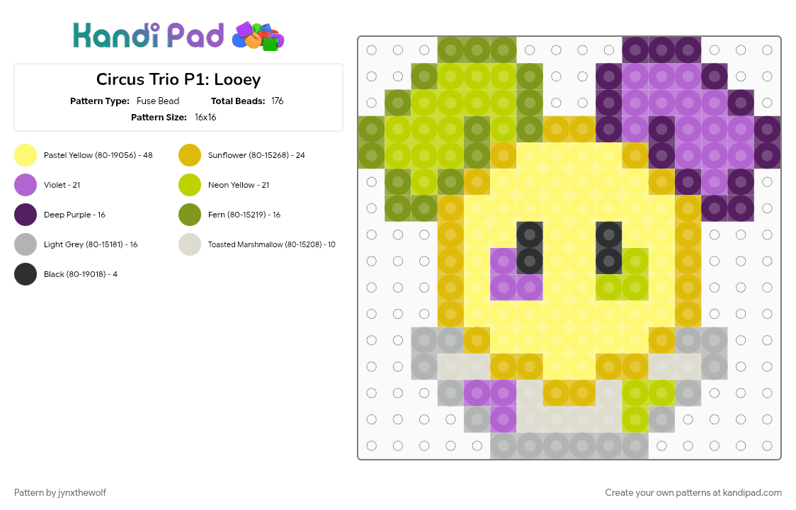 Circus Trio P1: Looey - Fuse Bead Pattern by jynxthewolf on Kandi Pad - character, charm, cotdcircuses, dandys world, looey, perler, pink, roblox, video game, yellow