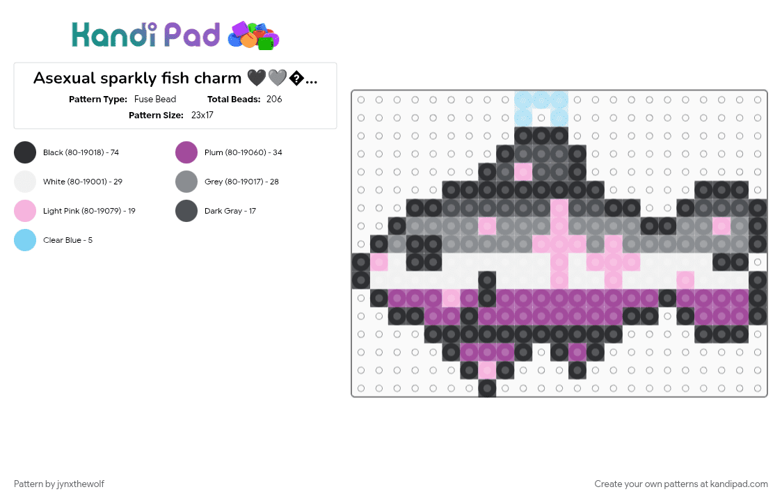 Asexual sparkly fish charm 🖤🩶🤍💜🐟 - Fuse Bead Pattern by jynxthewolf on Kandi Pad - asexual, charm, fish, gray, pink, pride